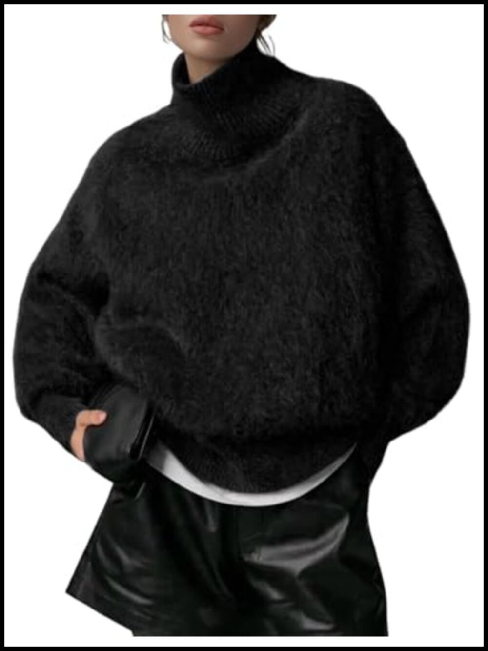 Womens Oversized Fuzzy Turtleneck Sweater Pullover Long Sleeve Nylon Knit